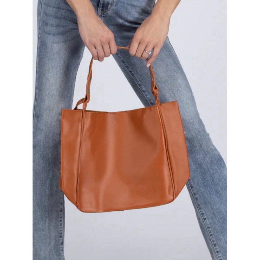 Simple Trendy Shoulder Bag / Purse, 11.5 X 5, Vegan Leather, Snap Closure Camel - Picture 4 of 4